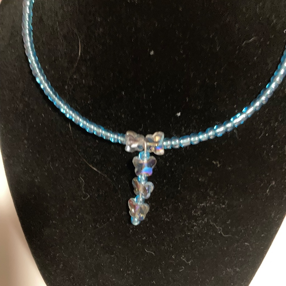 Handmade blue butterfly memory wire necklace, blue beaded choker, 90s inspired